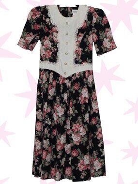 VTG Style My Way 100% cotton floral lace calf length dress with shoulderpads 7/8